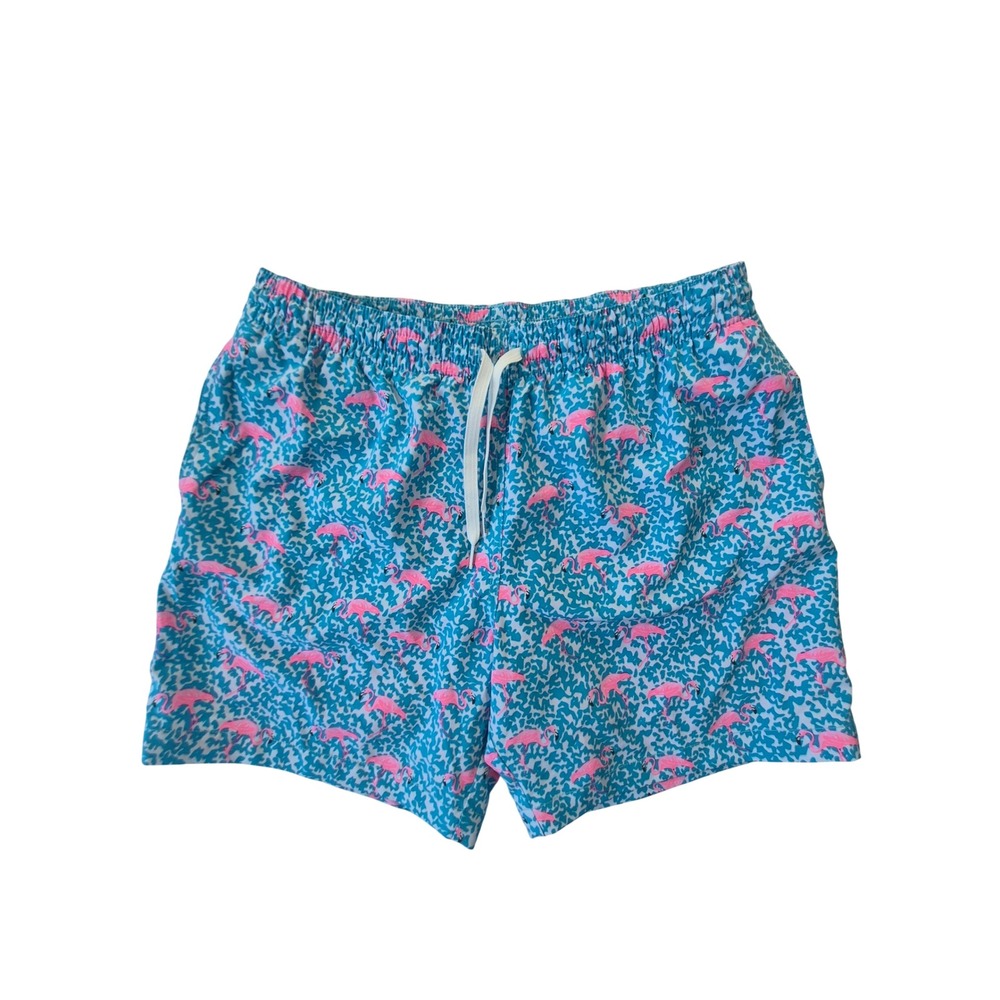 Chubbies The Flamin-Goes Flamingo Print Swim Trunks Blue Pink Mens Large 5.5"